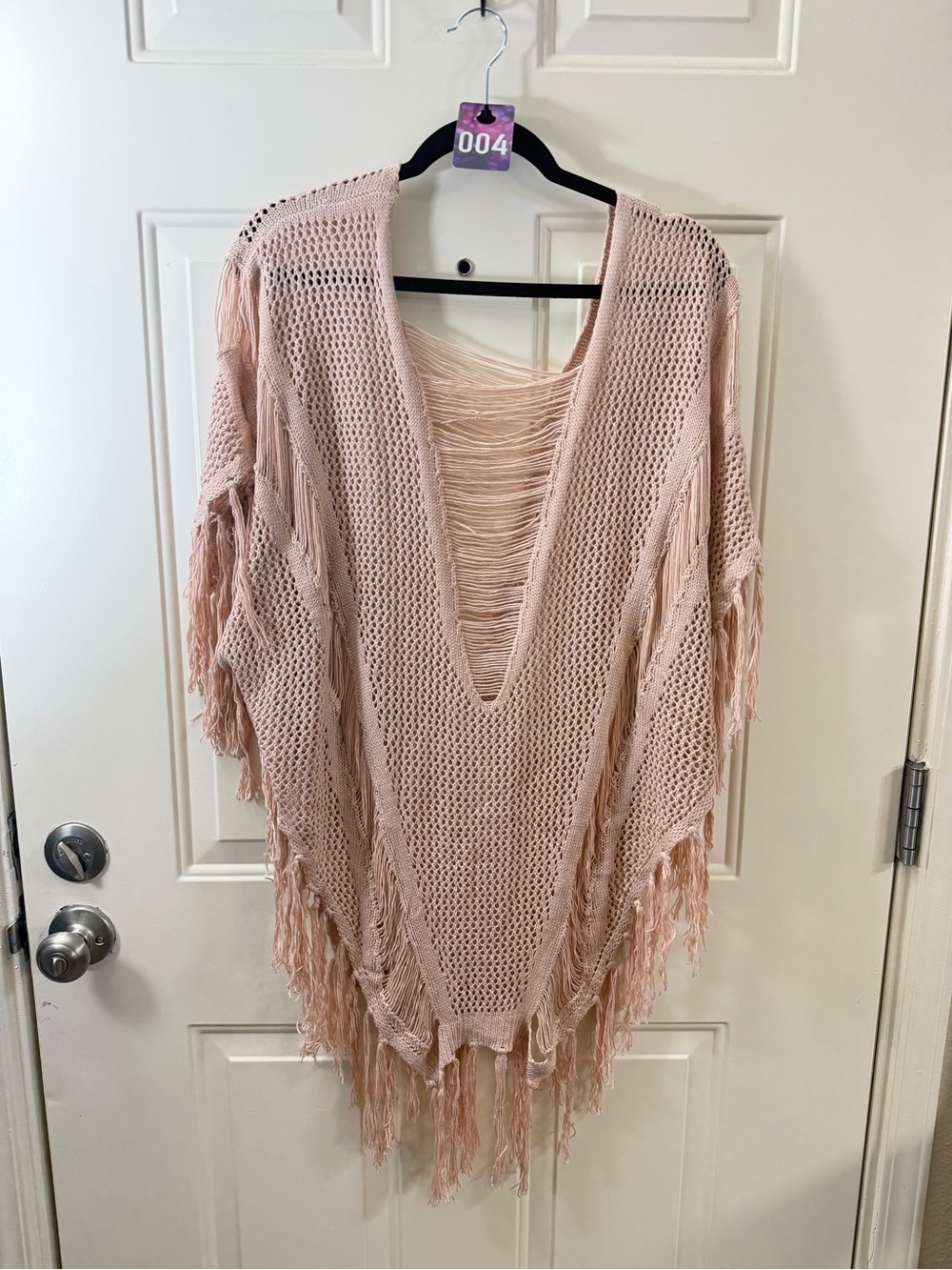 Crochet Fringe Poncho Women’s Blush Pink Open Knit Boho Festival Cover Up 004